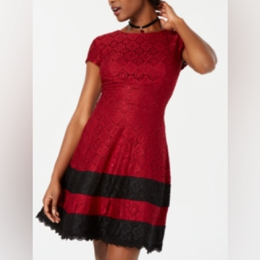Teeze Me Burgundy Lace Lined Short Cap Sleeve Mini Dress Fit & Flare Jewel Neck